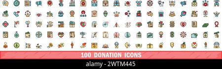 100 Symbole für Spenden gesetzt. Farblinie Satz von Spendenvektorsymbolen dünne Linie Farbe flach auf weiß Stock Vektor