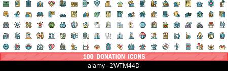 100 Symbole für Spenden gesetzt. Farblinie Satz von Spendenvektorsymbolen dünne Linie Farbe flach auf weiß Stock Vektor