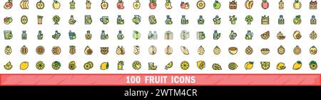 100 Obstsymbole. Farblinie Satz von Fruchtvektorsymbolen dünne Linie Farbe flach auf weiß Stock Vektor