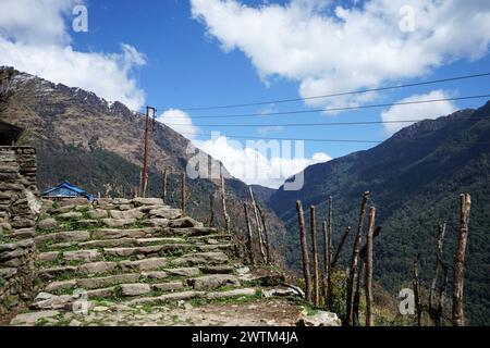 Natürliche Landschaft des nepalesischen Stammes-Dorfes zwischen grünen Bergketten entlang der Wanderung zum Annapurna Himalaya-Gebirge - Nepal Stockfoto