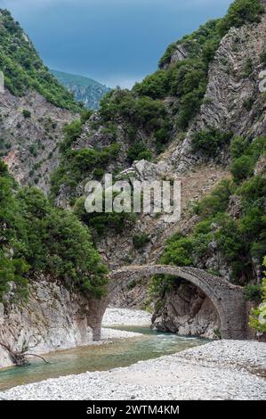 Blick auf die traditionelle Steinbrücke Leskovitiko in den Agrafa-Bergen in der Nähe des Dorfes Petroto in Thessalien, Griechenland Stockfoto
