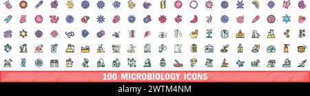 100 Symbole für die Mikrobiologie. Farblinie Satz von mikrobiologischen Vektorsymbolen dünne Linie Farbe flach auf weiß Stock Vektor