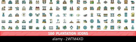 100 Plantagensymbole gesetzt. Farblinienset der Plantagenvektorsymbole dünne Linie flach auf weiß Stock Vektor