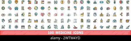 100 Medizin-Symbole gesetzt. Farblinie Satz von Medikamentenvektorsymbolen dünne Linie Farbe flach auf weiß Stock Vektor