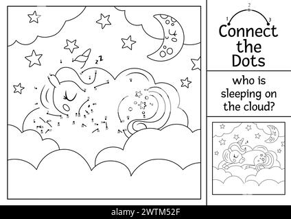 Vektor-Punkt-zu-Punkt und Farb-Aktivität mit Einhorn schlafend auf Wolke. Märchen verbinden das Punktspiel für Kinder mit niedlichem Fantasy-Tier. Magische Welt Stock Vektor