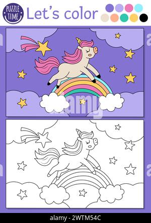 Ausmalseite für Kinder mit niedlichem Einhorn, das über Regenbogen springt. Vektor-Märchenkontur Illustration. Fantasy Farbbuch für Kinder mit farbiger Exa Stock Vektor