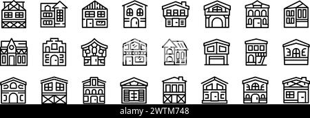 Traditionelle deutsche Häuser Ikonen setzen Konturvektor. Mittelalterliches Dorf. Steinfassade Stock Vektor