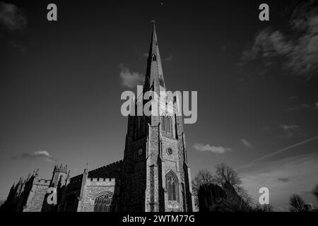 Thaxted Church Thaxted Essex England. 17 März 2024 die Kirche St. Johannes der Täufer, unsere Lieben Frau und der Hl. Laurence im späten Nachmittagssonnenlicht. Stockfoto