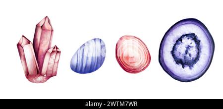 Handgezeichneter Edelstein-Achat, Diamant- und Amethyst-Scheiben-Kristall, Herz-Chakra-Rhodochrosit-Marker-Illustrationen im Aquarellstil. Mineralien isoliert Stockfoto