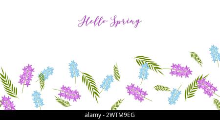Hallo Frühlingstext farbenfroher Hintergrund mit Blumen. Webseite zum Flyer-Poster für Einladungskarten. Vektorabbildung. Stock Vektor