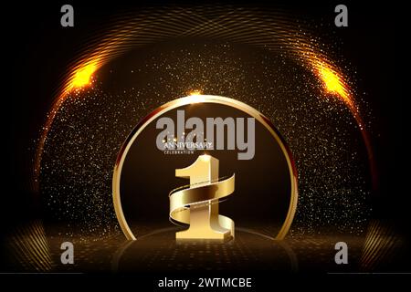 1.-Jubiläumsfeier. Goldene Zahlen mit glitzerndem Goldkonfetti, Serpentin. Festlicher Hintergrund. Dekoration für Partyveranstaltungen. Ein Jahr Jubiläum Stock Vektor