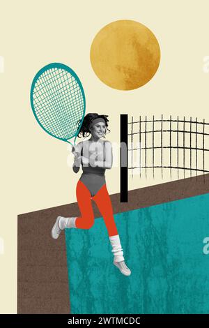 Collage-Artwork-Bild von attraktiven fröhlichen sportlichen Mädchen, die Tenis spielen Spiel isoliert auf gemaltem Hintergrund Stockfoto