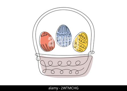 Korb mit bunten Ostereiern. Durchgehende einzeilige Zeichnung. Vektor auf weißem Hintergrund isoliert. Festliche Dekoration. Für Osterangebote, Grußkarten, Weihnachtseinladungen. Kunst Stock Vektor