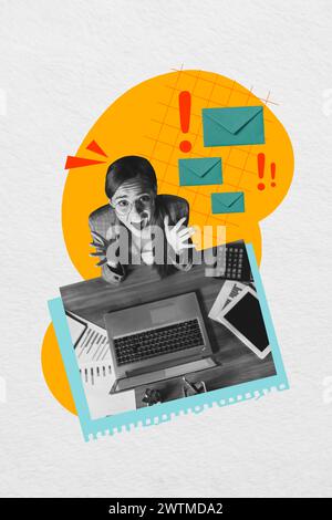 Vertikale Fotocollage von aufgebrachten Scream Girl Workload Tisch Laptop Tablet Deadline sms Briefumschlag Brief isoliert auf gemalten Hintergrund Stockfoto