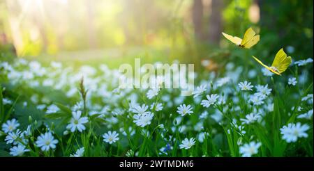 Frühlingswaldlichtung mit vielen weißen Frühlingsblumen und Schmetterlingen an einem sonnigen Tag Stockfoto