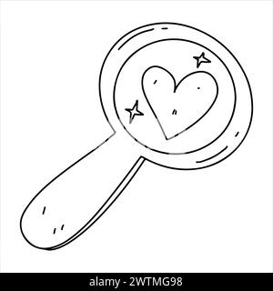 Lupe mit Herz. Handgezeichneter Doodle-Stil. Vektorillustration isoliert auf weiß. Ausmalseite Stock Vektor