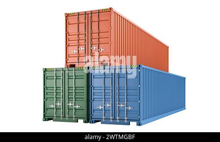 Metall-Frachtcontainer isoliert auf weißem Hintergrund. 3D-Rendering Stockfoto