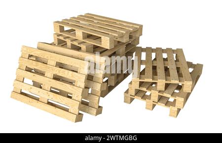 Stapel leerer Holzpaletten isoliert auf weiß, geeignet für Versand- und Logistikkonzepte. 3D-Rendering Stockfoto