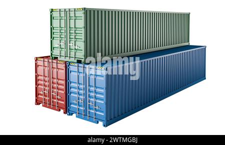 Lebendige und lebendige 3D-Illustration von gestapelten bunten intermodalen Transportcontainern Stockfoto