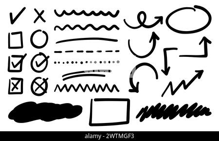 Markierungs-Kontrollkästchen - Doodle Set mit Pfeilen, Häkchen, Liniensymbolen für digitale Notizen. Stock Vektor