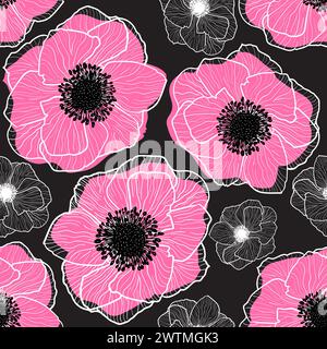 Muster Nahtlose Vektor Anemonen Grafik Blumen Muster Vektor Anemonen Wildblume Frühlingsblumen. Weiße lineare, rosafarbene Blüten auf schwarzem Hintergrund. Stock Vektor