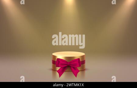 Goldenes Podium, roter Bogen, Bühne Podium Szene mit für Award, Dekor Element Hintergrund. Vektor Stock Vektor