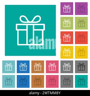 Geschenkbox umreißen mehrfarbige flache Symbole auf einfachen quadratischen Hintergründen. Weiße und dunklere Symbolvarianten für schwebe- oder aktive Effekte. Stock Vektor