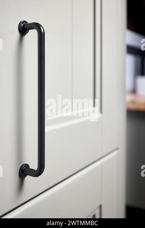 Graue Moos Massivholz lackierte Schranktüren moderner Innenraum mit Türknöpfen schwarze Griffe, Aufbewahrung oder Kleiderschrank mit Metallgriffen geschlossen Stockfoto