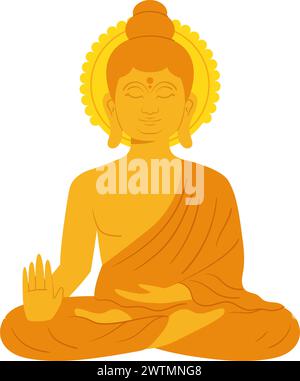 Goldene Buddha-Statue. Sitzende Mönchsskulptur im flachen Vektorstil Stock Vektor