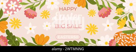 Horizontale Banner-Vorlage „Happy Easter“. Design mit handbemalten Eiern und Blumenelementen. Handgezeichnete flache Vektorgrafik Stock Vektor