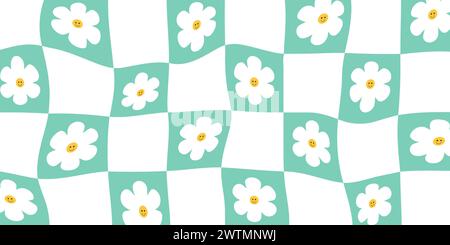 Grooviges, gewelltes Karomuster großes Quadrat mit niedlicher Blume in grünem Mesh. Gitterhintergrund, Psychedelic Retro Style Stock Vektor