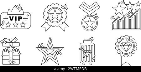 Exklusive Vorteile Icon Kollektion. VIP-Ticket, Stern-, Diamant- und Geschenkbox, Medaillensymbole Set. Stock Vektor