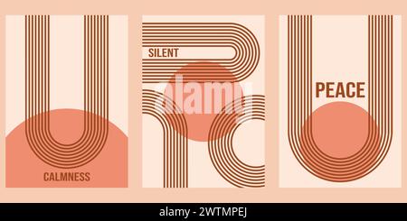 Minimalistische geometrische Zen-Bogen-Poster-Kollektion mit Text – Ruhe, Stille und Frieden. Abstrakte Boho-Formen in Retro-Ästhetik für vielseitige Desi Stock Vektor
