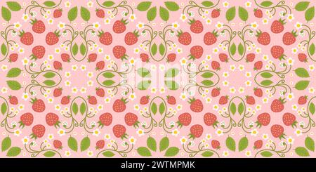 Nahtloses Muster, das Erdbeeren, süße Beeren, Blumen und grünes Laub hervorhebt. Sich wiederholendes Oberflächendesign, geeignet für Bekleidung, Stoffe und Umhüllungen Stock Vektor