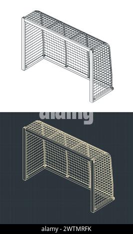 Stilisierte Vektorabbildungen isometrischer Baupläne von Mini-Football-Toren Stock Vektor