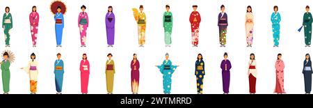 Junge Mädchen Kimono Ikonen setzen Cartoon Vektor. Japanerin. Traditionelle Kleidung Stock Vektor