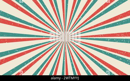 Sonnenstrahl-Zirkus. Sonnenstrahlen im Retro-Hintergrund. Radialer Vintage-Burst. Comic-Lichtstreifen. Sunburst-Muster. Balkenlinie. Gestreifte Struktur mit Alterungseffekt. Alt Stock Vektor