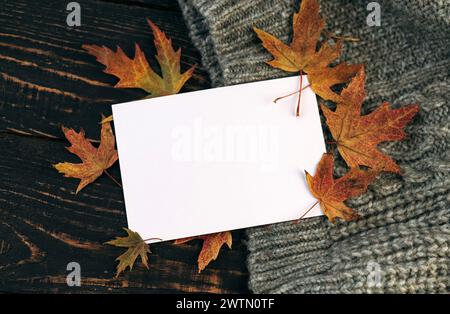 Weiße leere Karte auf dem Herbsthintergrund mit gefallenen Blättern und Eicheln auf einer gestrickten Decke. Stockfoto