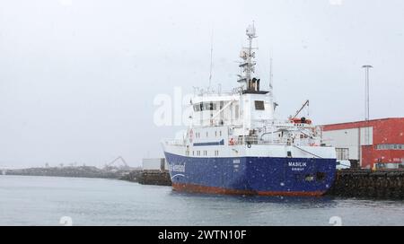 Reykjavik, Island - 4. April 2017: Das Fischereifahrzeug Masilik legt an einem verschneiten Tag im Hafen an Stockfoto