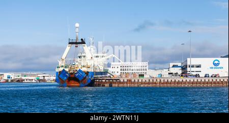 Reykjavik, Island - 4. April 2017: Fischtrawler laden im Hafen. Ein isländischer Schleppnetzfischer Stockfoto