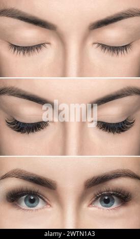 Wimpernentfernung vor und nach Nahaufnahme. Schöne Frau mit langen Wimpern in einem Schönheitssalon. Wimpernverlängerung. Stockfoto