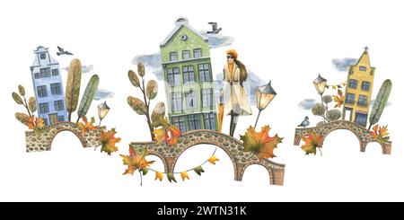 Alte europäische Häuser sind bunt, mit Herbstbäumen und Blättern, mit einem Mädchen im Regenmantel und einem Regenschirm. Handgezeichnete Aquarellillustration Stockfoto