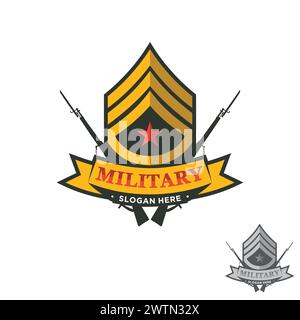 Militärabzeichen und Militärabzeichen Typografie. Design mit Ziernähten und Ziernähnen im Military-Stil. Vektorabbildung Stock Vektor