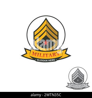 Militärabzeichen und Militärabzeichen Typografie. Design mit Ziernähten und Ziernähnen im Military-Stil. Vektorabbildung Stock Vektor