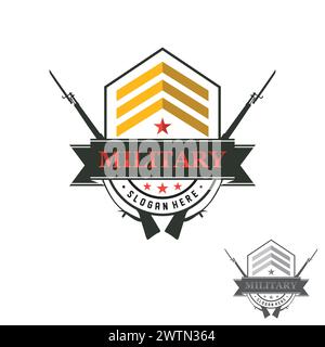 Militärabzeichen und Militärabzeichen Typografie. Design mit Ziernähten und Ziernähnen im Military-Stil. Vektorabbildung Stock Vektor