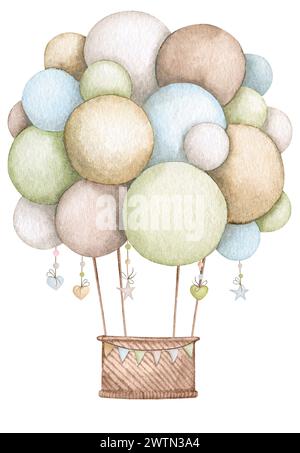 Luftballons mit einem Korb in Pastellfarben. Aquarellillustration für Kinder. Geburtstag, Babyparty, Kinderparty. Designelement für Karten, po Stockfoto