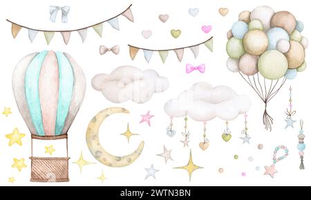 Großes Set für eine Kinderparty, Geburtstag, Babydusche: Ballons, Wolken, Mond, Sterne usw. Aquarellabbildung. Designelemente für Karten, poste Stockfoto