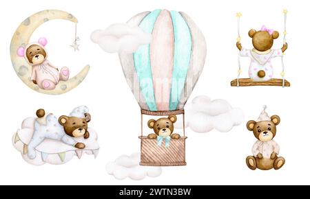 Großes Set für Kinderparty, Geburtstag, Babyparty: Babybären im Ballon, auf dem Mond, auf einer Wolke, auf einer Schaukel. Aquarellabbildung. Design Stockfoto