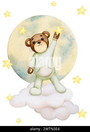 Bärenbaby fliegt auf einer Wolke vor dem Hintergrund des Mondes und der Sterne. Aquarellillustration für Kinder. Geburtstag, Babyparty, Kinderparty Stockfoto