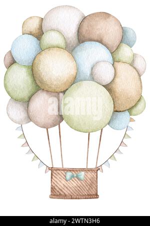 Luftballons mit einem Korb in Pastellfarben. Aquarellillustration für Kinder. Geburtstag, Babyparty, Kinderparty. Designelement für Karten, po Stockfoto